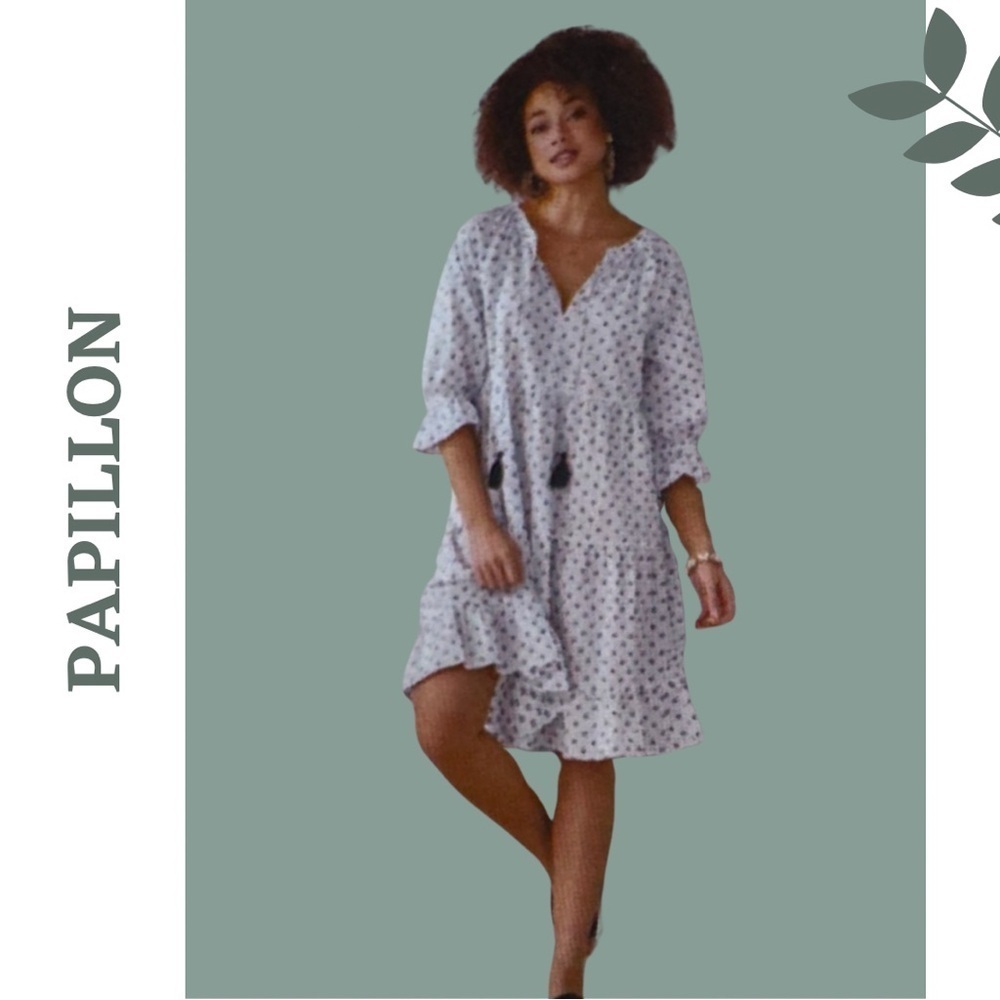 Charlie Paige Relaxed Fit Cotton Dress 3/4 Length Sleeve Tassel White Dark Blue